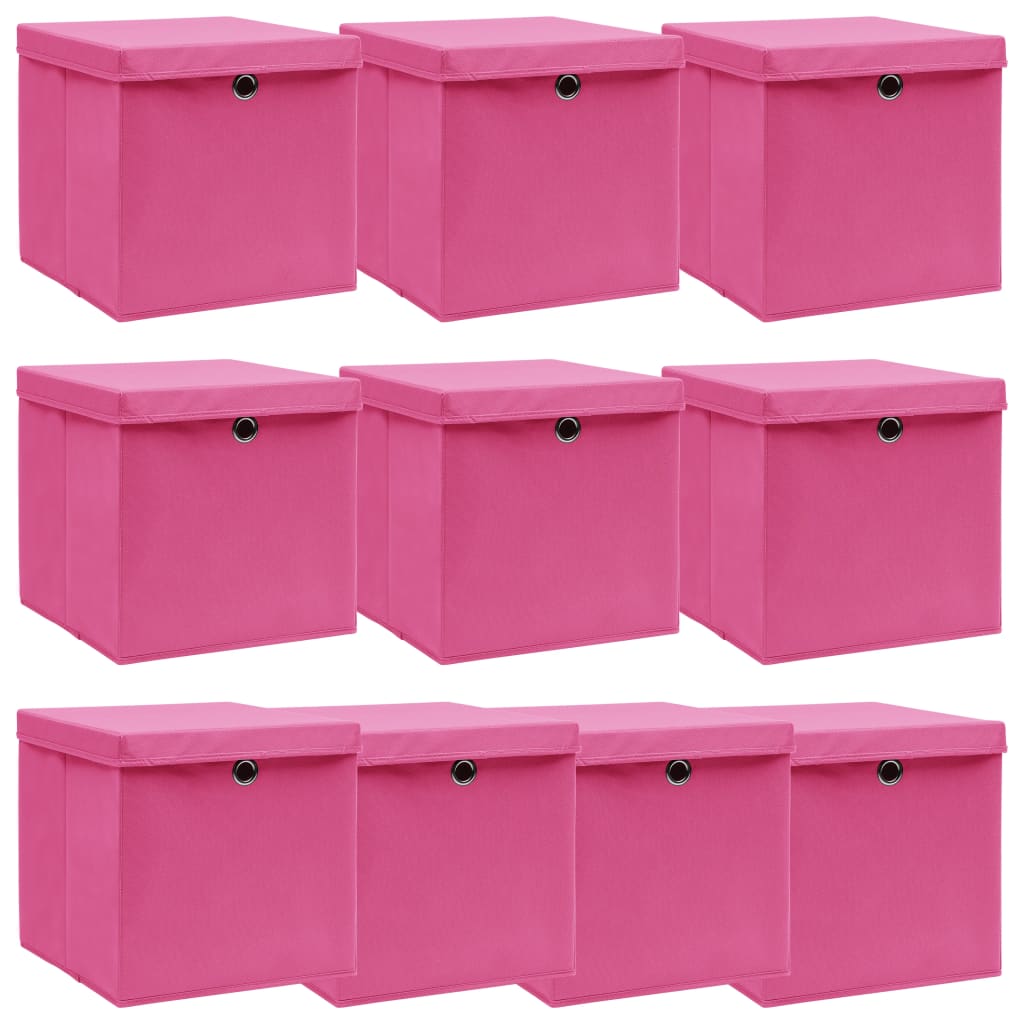 Opbevaringskasser med låg 10 stk. 32x32x32 stof pink